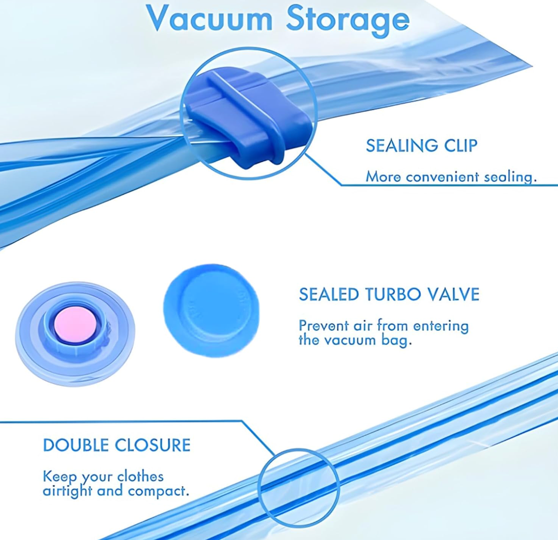 5-Pack Vacuum Storage Bags with Hand Pump – Space Saver Compression Bags for Clothes, Blankets & Travel
