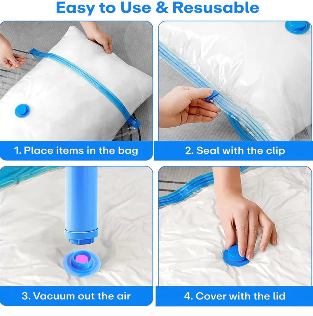 5-Pack Vacuum Storage Bags with Hand Pump – Space Saver Compression Bags for Clothes, Blankets & Travel