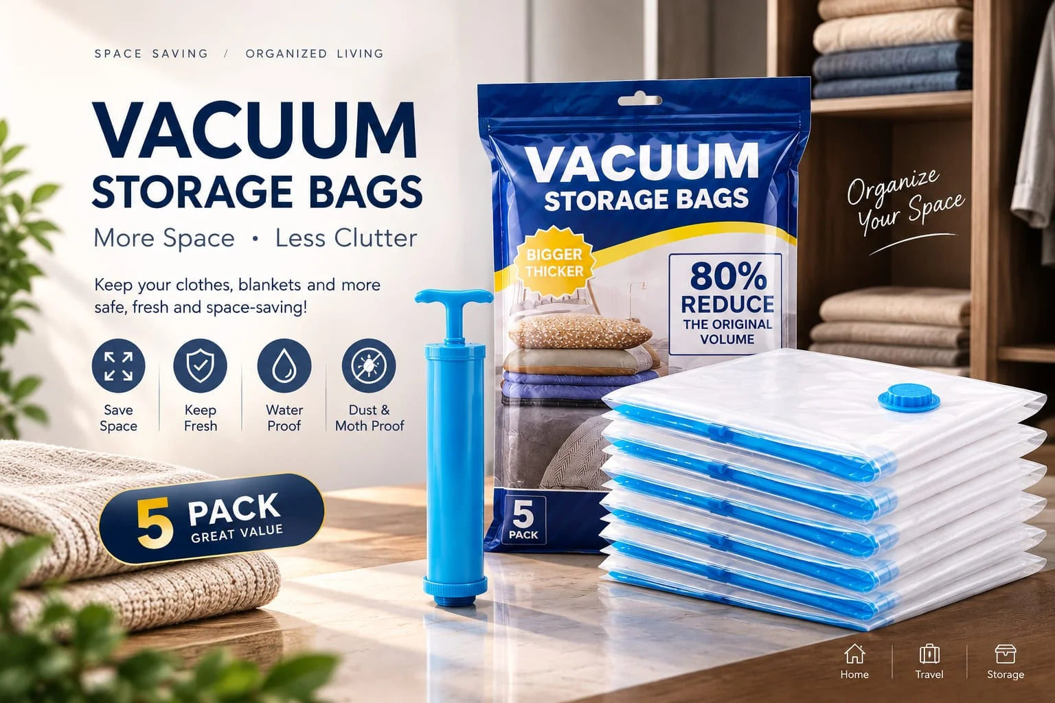 5-Pack Vacuum Storage Bags with Hand Pump – Space Saver Compression Bags for Clothes, Blankets & Travel
